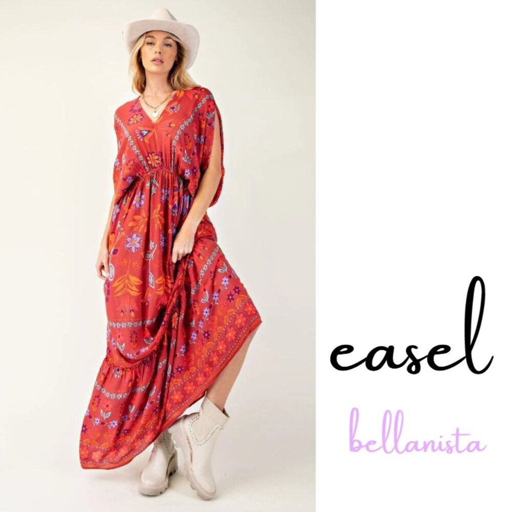 2216 🌻EASEL Scarlet Red Dolman Sleeve Printed Maxi Dress
